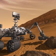 Artist concept of rover Curiosity performing tasks on the surface of Mars.