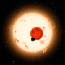 An illustration of a small planet in front of a smaller red dwarf star and a larger yellow star.