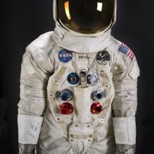 Three-quarter view of Apollo-era spacesuit