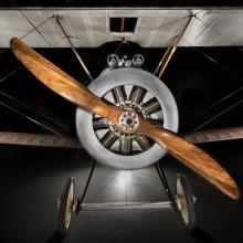 Frontal view of wooden, single-blade propeller on Sopwith F.1 Camel aircraft