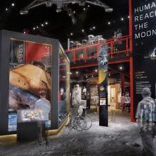 A rendering of an exhibition about how humans made it to the Moon.