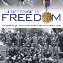 Book cover for a book about stories from American World War II pilots featuring an image of a fighter monoplane and a group of Army Air Force Flyers posing together.