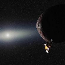 Artist depiction of the New Horizons spacecraft, a small uncrewed spacecraft, encountering a celestial body far from middle of the solar system.