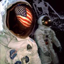 Mosaic of Apollo 11 Armstrong and Aldrin Spacesuits on display