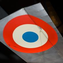 Red, white, and blue United States Air Force roundel on wing of Voisin Type 8 aircraft