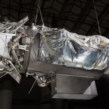 Metal foil on side of Apollo-Soyuz Test Project Backup Docking Module in museum