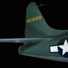 Tail of green Lockheed XP-80 "Lulu Belle" aircraft with United States Air Force insignia on body