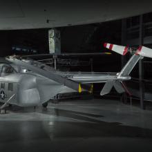 Rear view of a helicopter on display in the museum.