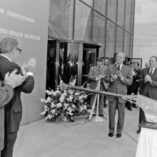 Black and white photo of opening ceremony of National Air and Space Museum July 1, 1976