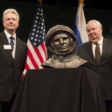 Roger Launius, Associate Director of the Museum, and Ambassador Sergey Kislyak of the Russian Federation to the United States stand behind a bust sculpture of Yuri Gagarin during its presentation to the Museum.