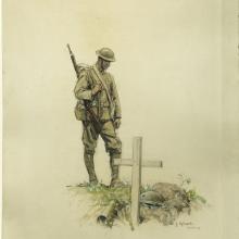 Soldier stands over a grave. 