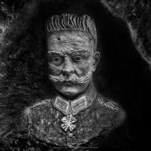 Stone carving portrait of Paul von Hindenburg, Chief of German General Staff during World War I. The stone carving is found in a trench dug out during World War I.