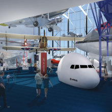 Artist rendering of an exhibition about the history of air transportation in the United States.