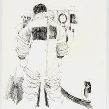 Line drawing of the back of an astronaut receiving help from a technician in front. 