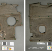 two photos of the same panel, before and after conservation