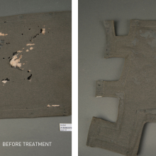 two photos of a fabric panel, one before conservation one after