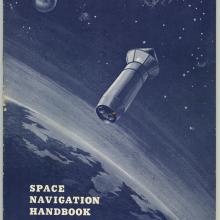 Book cover with blue tinted image--half of earth in lower left corner, moon in upper left corner with stylized rocket flying into a starry sky. Title in lower left corner