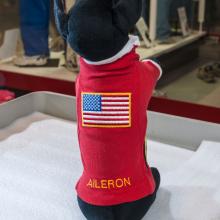 The top of Aileron's sweater with an embroidered US flag and his name in yellow.