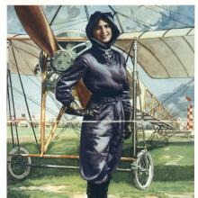 Color post of Harriet Quimby in purple flight suit, posing in front of airplane.