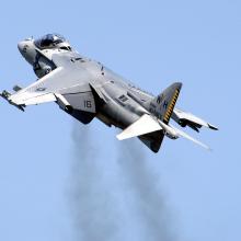 Rear view of aircraft in flight. 