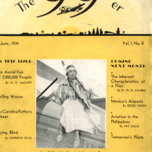 The cover of the June 1934 Ninety-Nines magazine. Pictured is Mary Riddle, the first Native American woman to earn her pilot’s license.