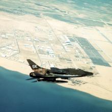 F-100C of the 188th Tactical Fighter Squadron, New Mexico Air National Guard, pictured flying over the Tuy Hoa Air Base, South Vietnam in 1968. 