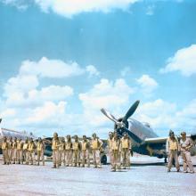 Mexican pilots of 201 Squadron pose in front of their P-47 Thunderbolts