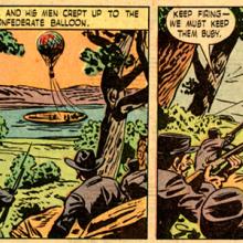 Colorful comic book rendition of balloon in combat. 