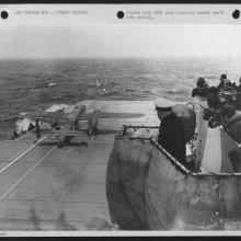 Lt. Gen. Jimmy Doolittle in his B-25 “Whirling Dervish” making his take off from the deck of the U.S.S. Hornet to make the first aerial attack on Tokyo on April 18, 1942.