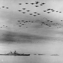 Carrier airplanes flyover Tokyo Bay at surrender ceremony