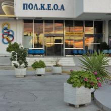 Flowers blooming outside the entrance of the now closed Ellinikon International Airport in Athens, Greece. This photo was taken in 2007. 