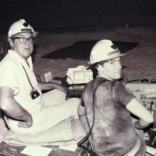 Dr. Robert Unterberger on the left and Bruce Campbell on the right test the "Golf" radar. 