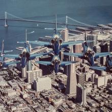 Blue Angels in formation flying over San Francisco