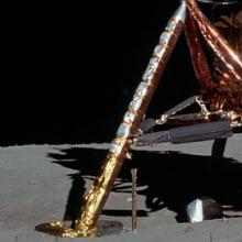 View of the landing struts of the lunar module on the Moon. 