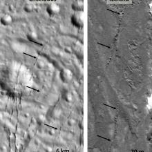 A photo comparison of Pit chains on Enceladus and in Iceland.