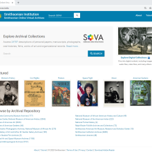 Screenshot of the home page of the Smithsonian Online Virtual Archives. Search bar at top. Digital Image at Right. SOVA icon in the middle. Six thumbnail images and list of repositories.