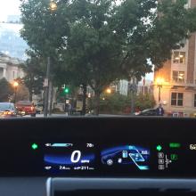 A photo of the dashboard of a hydrogen fuel cell car, showing hydrogen left in the fuel cell.