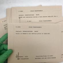 WASP Images in Archival Storage. Each transparency contains a sleeve with identifying information and accompanying caption.