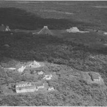 A black and white photograph of tall pyramid like Mayan ruins emerging from a lunch jungle forest.