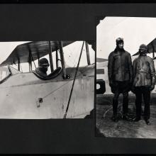 Two photos of men and an aircraft from a scrapbook