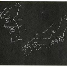 Black Scrapbook Page with white ink drawing of Korean Peninsula and Japan