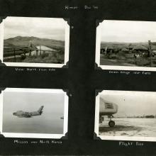 Black scrapbook page, four mounted photographs. Upper left: view of fields, a range of hills, a canal and a bridge. Upper right: villagers among thatched huts. Lower left: Left side view of Sabre in flight. Lower right: right side of aircraft more in back