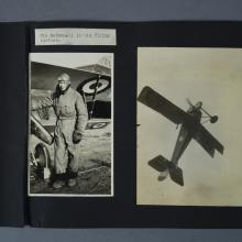 Scrapbook page, portrait on left Nieuport airplane on right