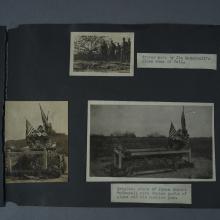 Three photographs of a crater and a grave