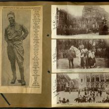 Scrapbook page: photo of Roosevelt on left, three photos of scenery on the right