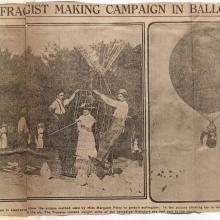 Newspaper clipping Headline: "SUFFRAGIST MAKING CAMPAIGN IN BALLOON" photo on left features three people in the basket of balloon with crowd in back; photo on right balloon in sky paper floating through the air below