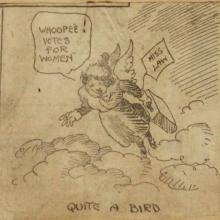 Illustration of woman with heavy coat, hat, and feathered wings flies above clouds; she carries a suitcase with tag labeled "Miss Law" while saying "Whoopee! Votes for women." bottom Caption: "Quite a Bird"