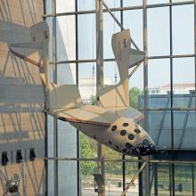 View of SpaceShipOne hanging in its new location in the Boeing Milestones of Flight Hall