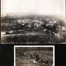 Aerial view of city (top); embedded mortars (bottom)