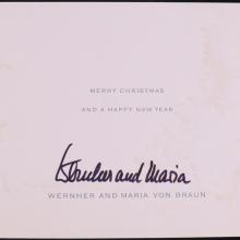 White Card - Text: "Merry Christmas and a Happy New Year. Wernher and Maria Von Braun" with signature